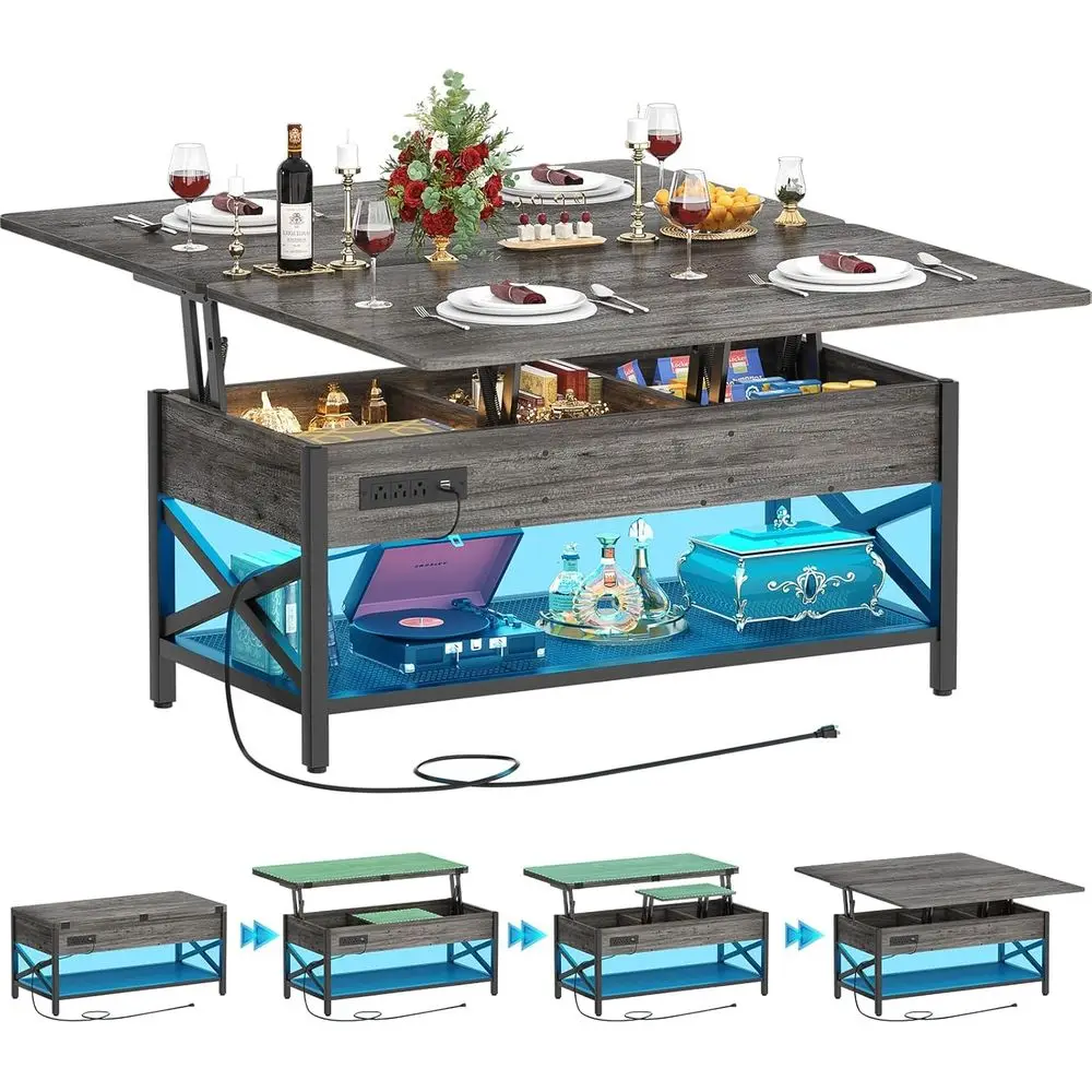 Multi-Functional Coffee Table Converts to Dining Table, LED Light & Power Outlet, Center Table with Shelves, Living Room/Office,
