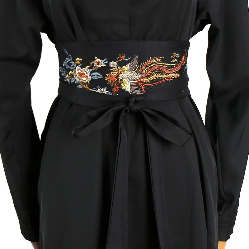 Retro ปัก Hanfu เข็มขัดผู้หญิงคอสเพลย์ชุดเข็มขัดญี่ปุ่น Obi สีดํากิโมโนรัดตัวเข็มขัดเอวอุปกรณ์ตกแต่ง