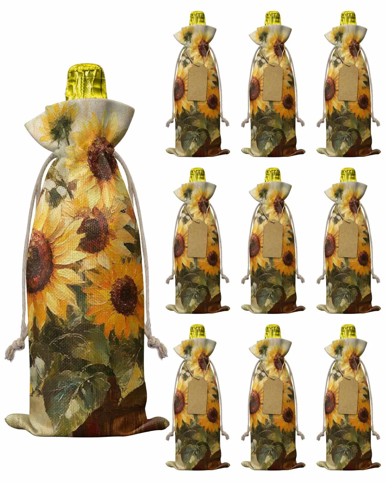 

10pcs Wine Bottle Covers Retro Watercolor Sunflower Wine Holder Carrier Packaging Bag Wedding Party Decor Gift