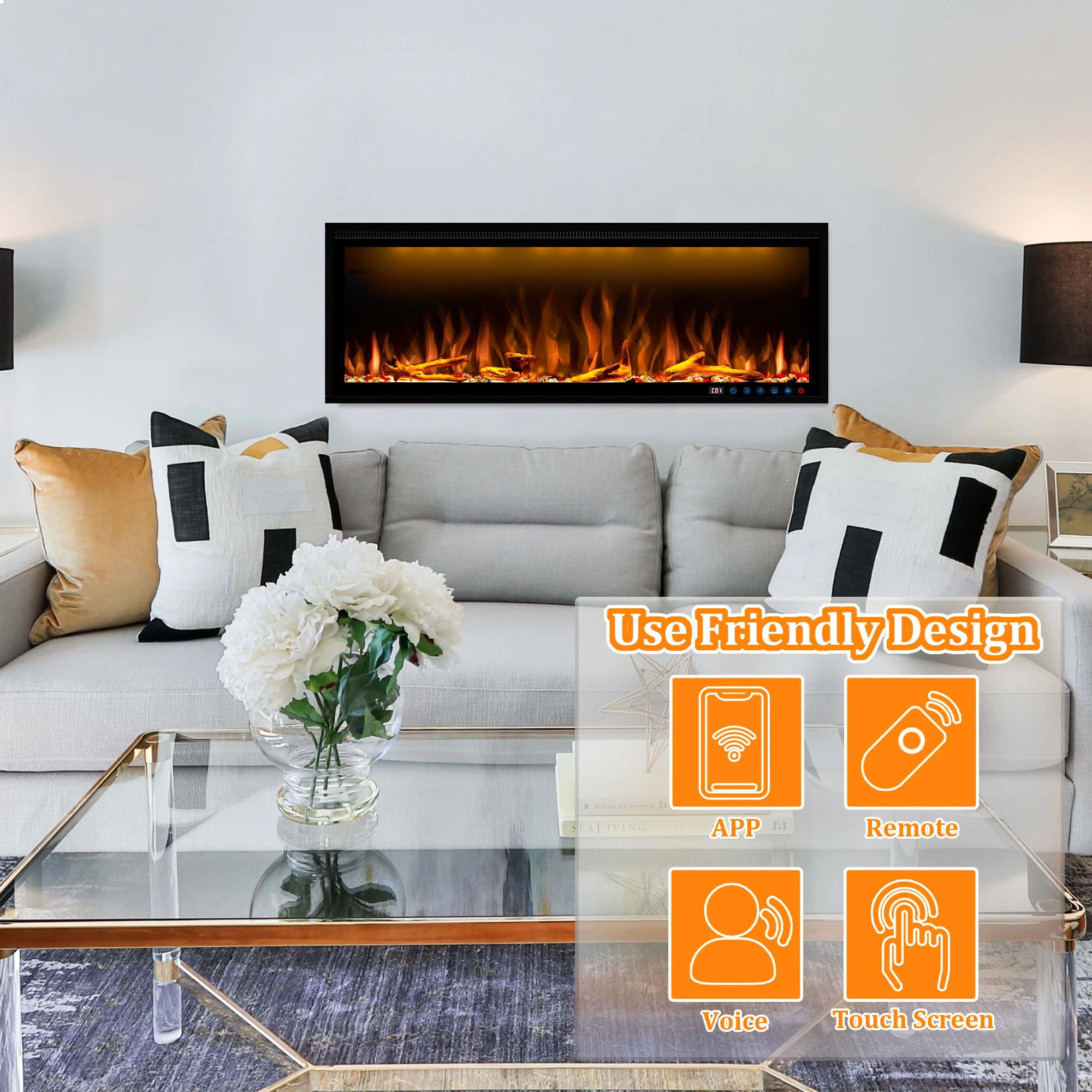 Efeito de chama realista lareira elétrica embutida, Aquecedores interiores luxuosos, Lareira moderna com controle do App, Fogo elétrico substitui o aquecimento