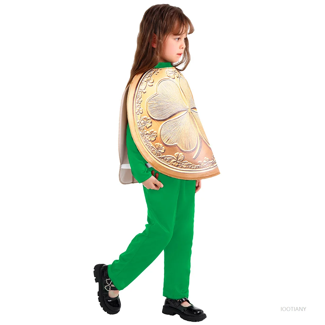 Kostum Clover Cosplay Anak Laki-Laki Koin Emas Keberuntungan Hari St. Patrick 2025 Festival Irlandia Set Wig Pertunjukan Panggung Anak Perempuan