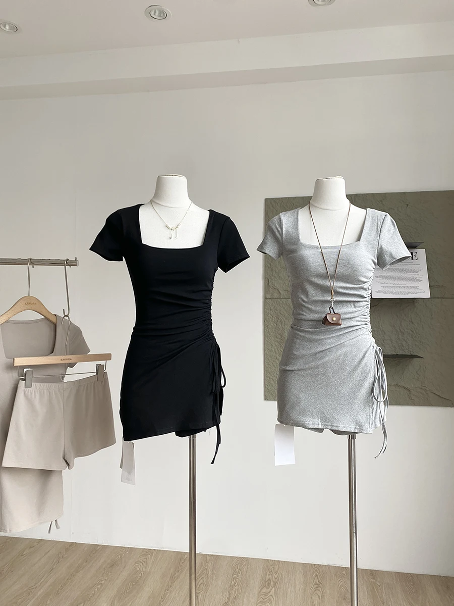 

2025 Summer New Fashion Korean Style Casual Versatile Square Collar T-Shirt Dress Bottoming Pant with Chest Pad Short Sleeve