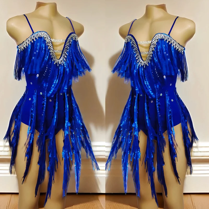 

Bling Blue Fringed Party Dress Women Rhinestones Jazz Clothing Bar Nightclub Dj Ds Gogo Dancer Costume Stage Rave Outfit XS8357