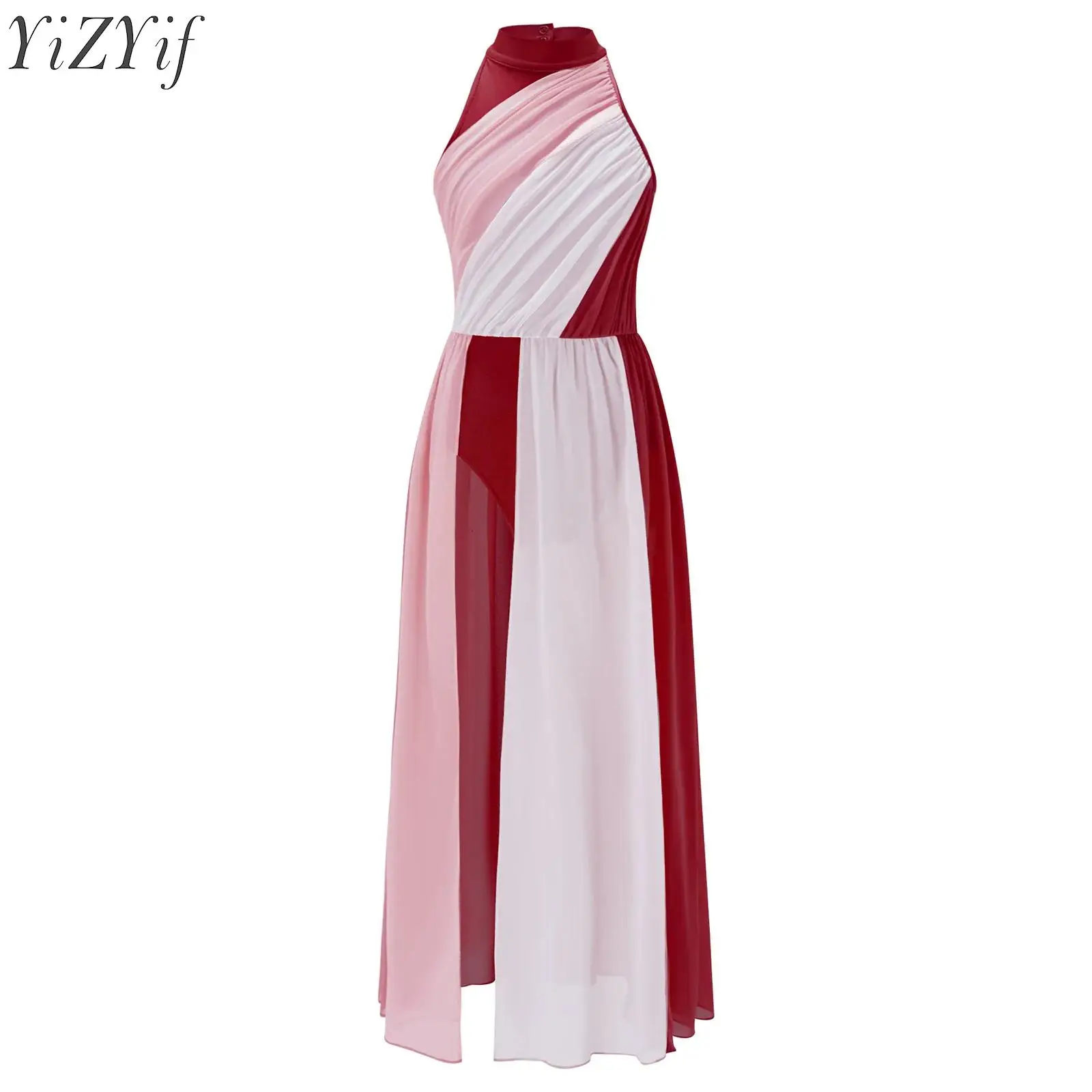 

Kids Girls Ballet Lyrical Dance Dress Keyhole Back Split Maxi Gymnastics Dress for Modern Contemporary Figure Skating Dancewear