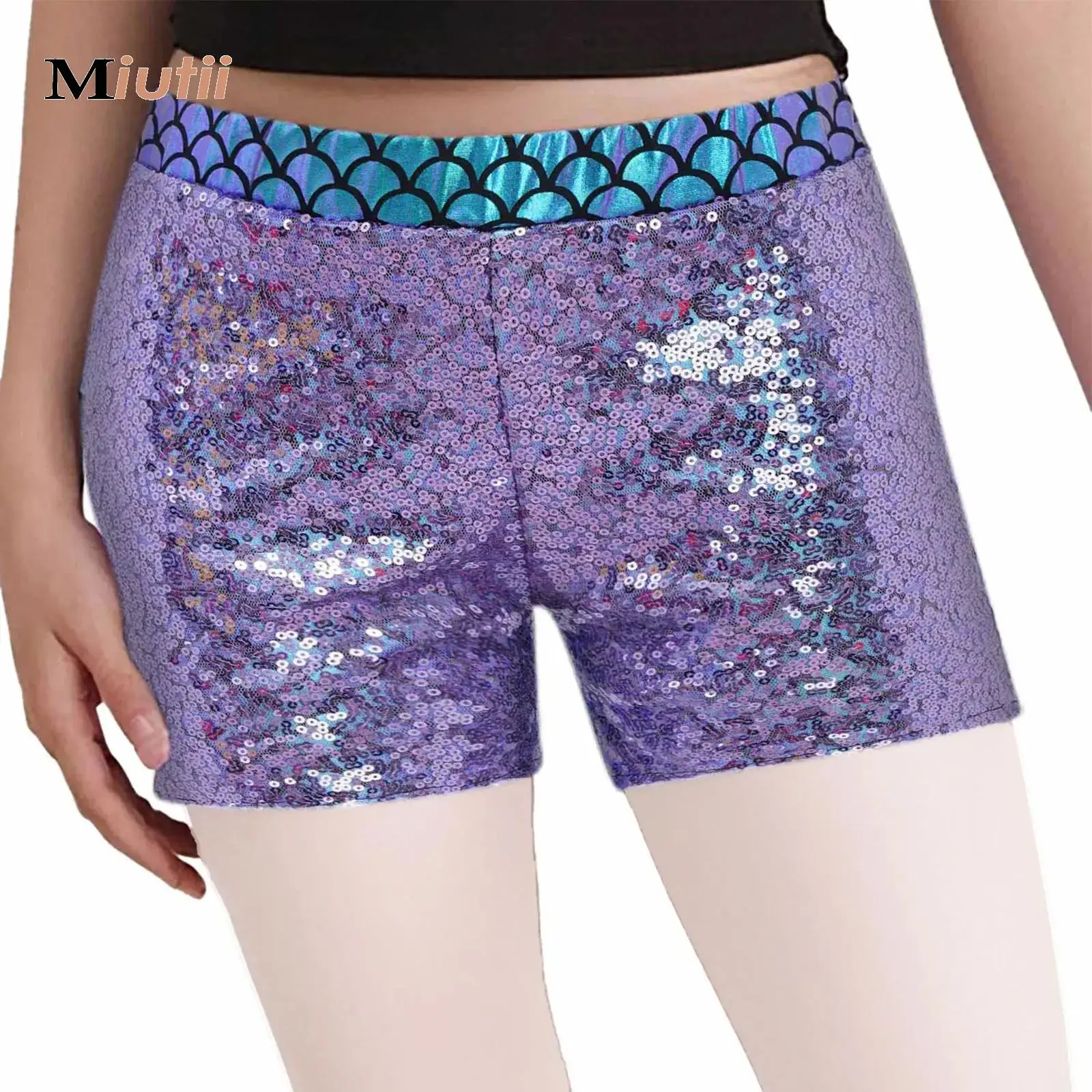 

Kids Girls Sports Shorts Jazz Latin Ballet Dance Costume Sparkling Sequins Fish Scale Shorts Halloween Performance Dancewear