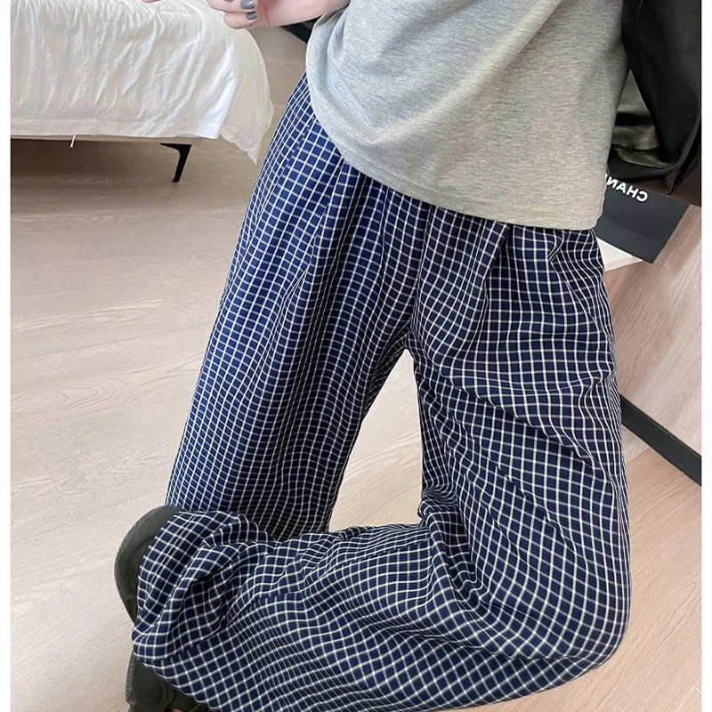 2025 Lente Meisjes Mode Marineblauwe Geruite Broek Vrouwelijke Koreaanse Retro Hoge Taille Broek Lady Chic Designer Rechte Pijpen Broek