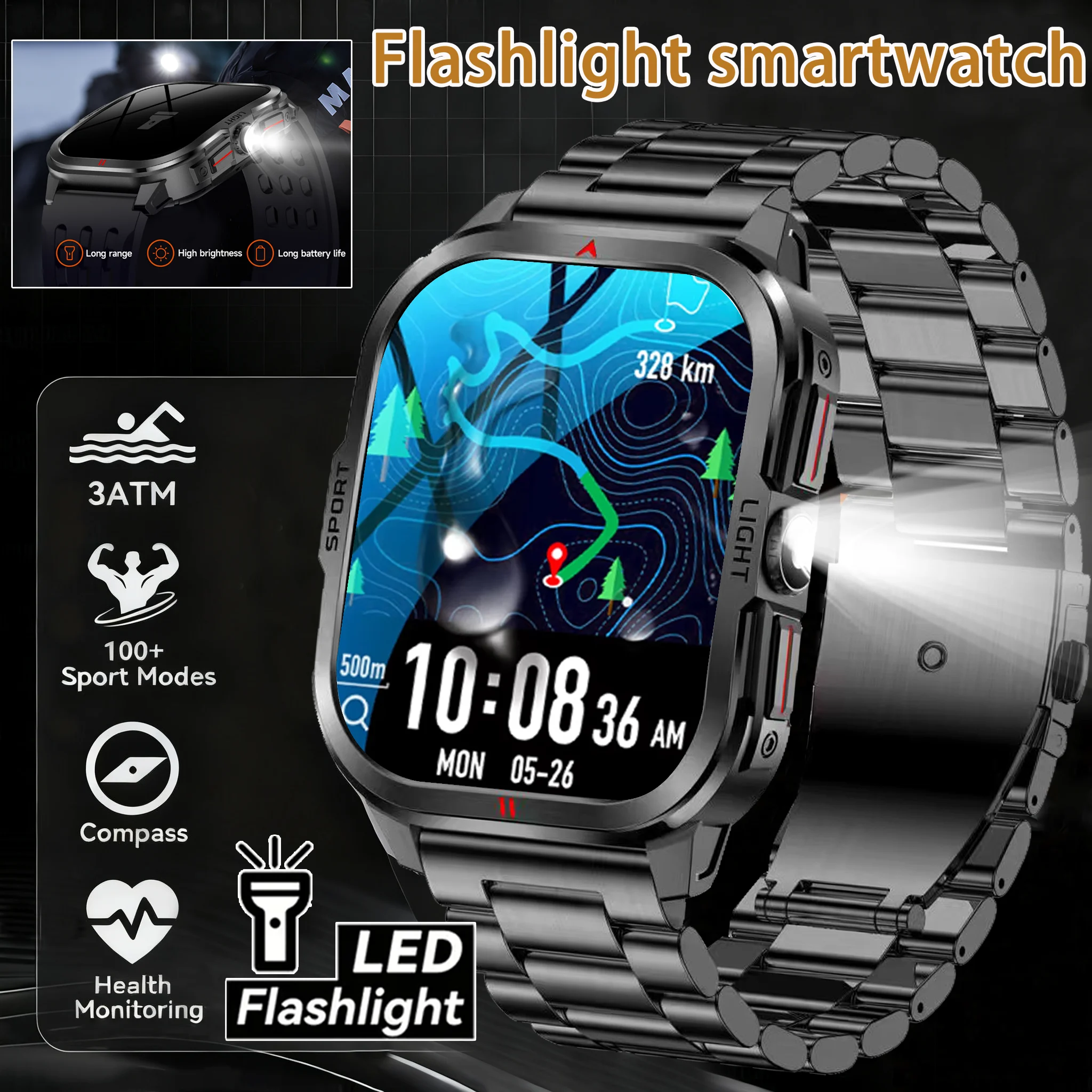 

2025 New Bluetooth Call Smart Watch Men 3ATM Full Touch Screen Health Monitor With Flashlight Men SmartWatch For IOS Android