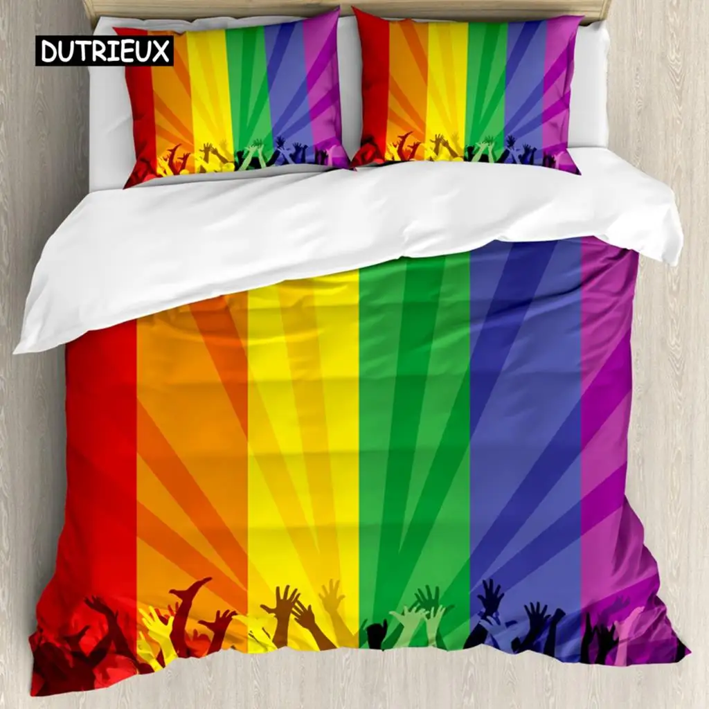 Pride Duvet Cover Set Polyester People Celebrating International Day for LGBT Community with Colorful Striped Design Bedding Set