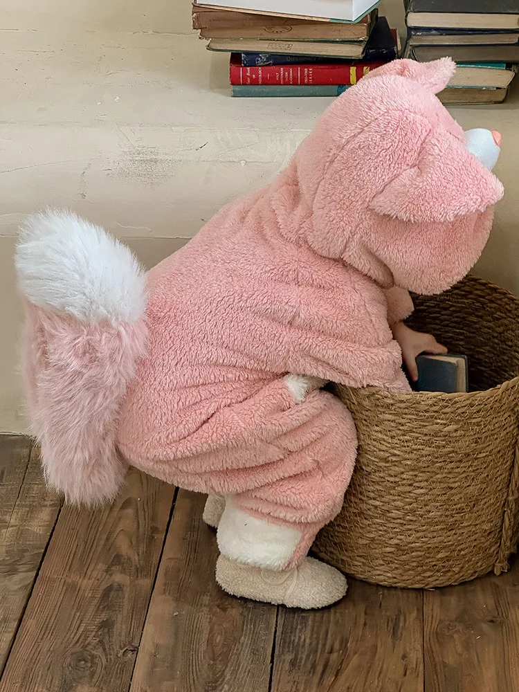 New Winter 1-9 Y Baby Clothes For GirlS Cute Warm Flannel Kids Animal Shape Jumpsuit Pink Fox Romper Housecoat with Big Tail