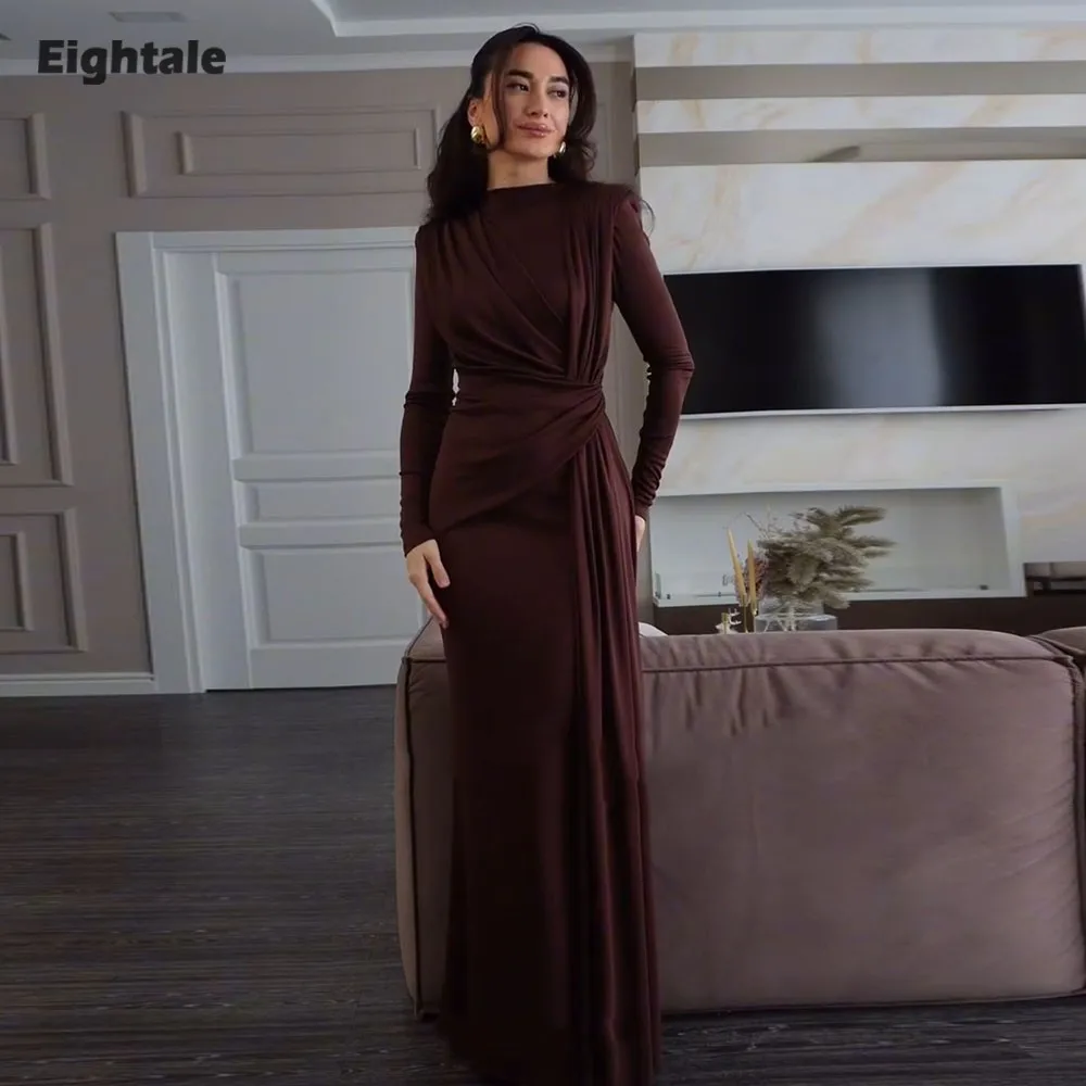 

Eightale Arabic Evening Dress Stretchy Satin Chocolate Long Sleeves Customized Prom Gown Muslim Party Dress robe de soiree