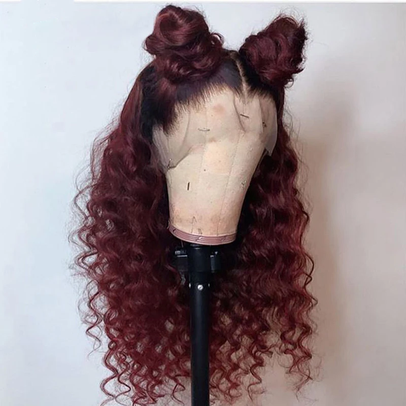 

180Density 26Inch Soft Long Ombre Burgundy Glueless Deep Wave Lace Front Wig For Black Women With Baby Hair Preplucked Daily