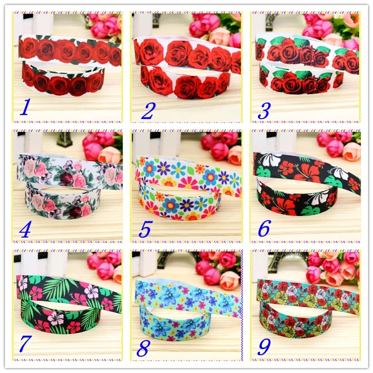 7/8''  flowers rose butter printed grosgrain ribbon hairbow headwear party decoration diy wholesale OEM 22mm D262