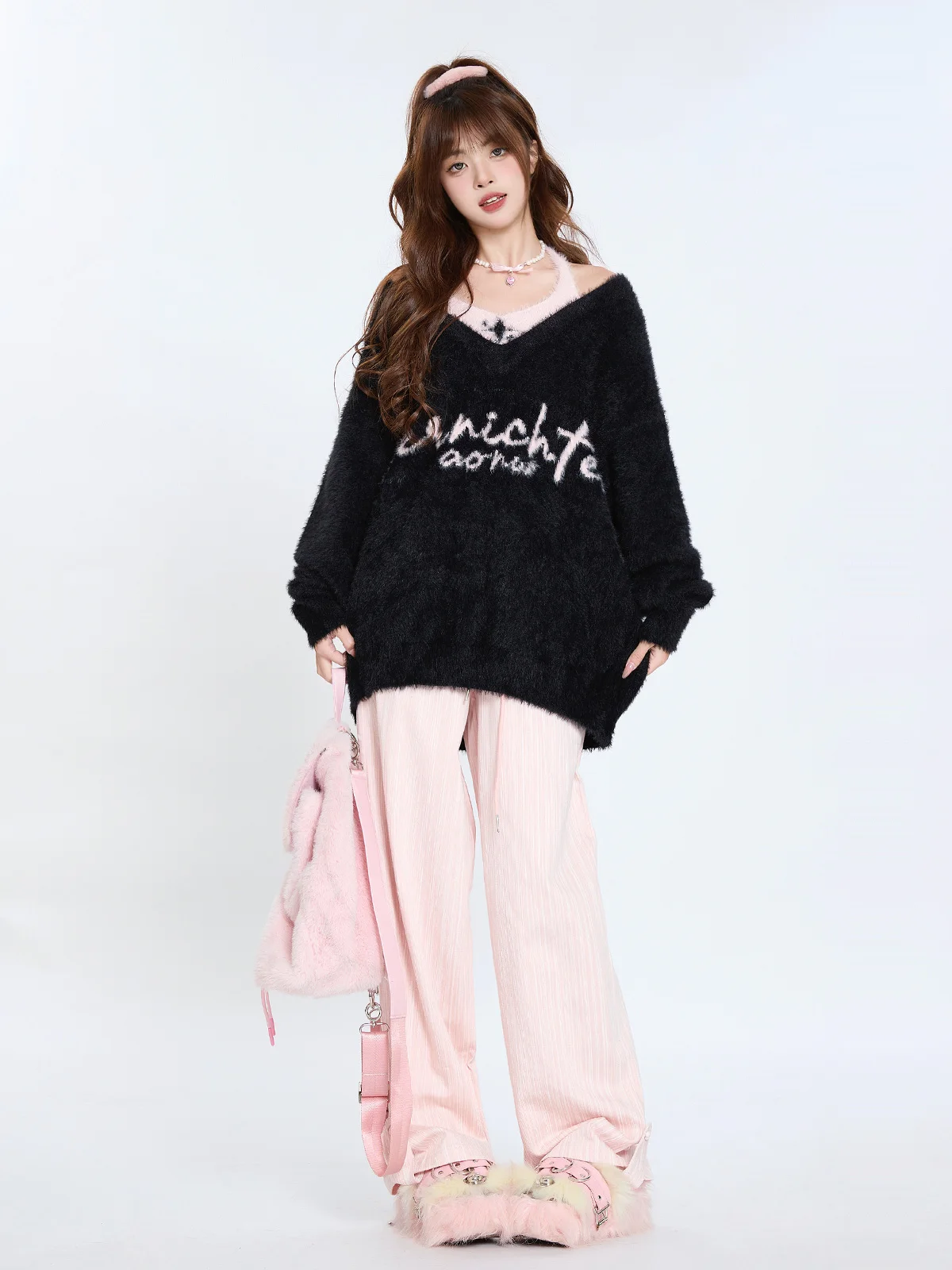 

ENJOG Женский свободный свитер с V-образным вырезом, осенне-зимний, новый, уникальный дизайн, с длинными рукавами, в стиле кэжуал