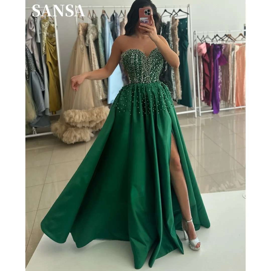 Sansa Customized Sweetheart Neck Strapless Prom Dresses High Side Split Vestidos De Noche Glitter Crystal Beaded Formal Evening
