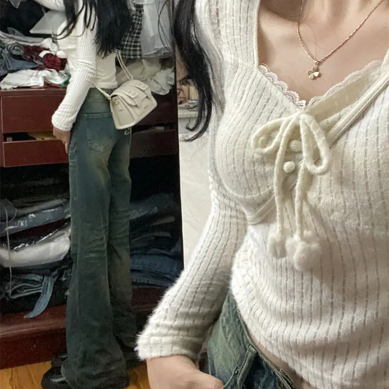 

Милый кружевной вязаный свитер, женский модный дизайн с поясом, белый, маленький размер, V-образный вырез, длинный свек, мех кролика, 00% облегающий S...