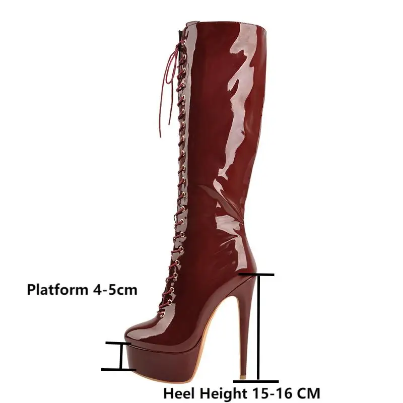 Onlymaker Women The Knee High Boots Platform  Front Lace-Up Thin High Heel Stiletto Stretch Big Size Sexy Woman Boots