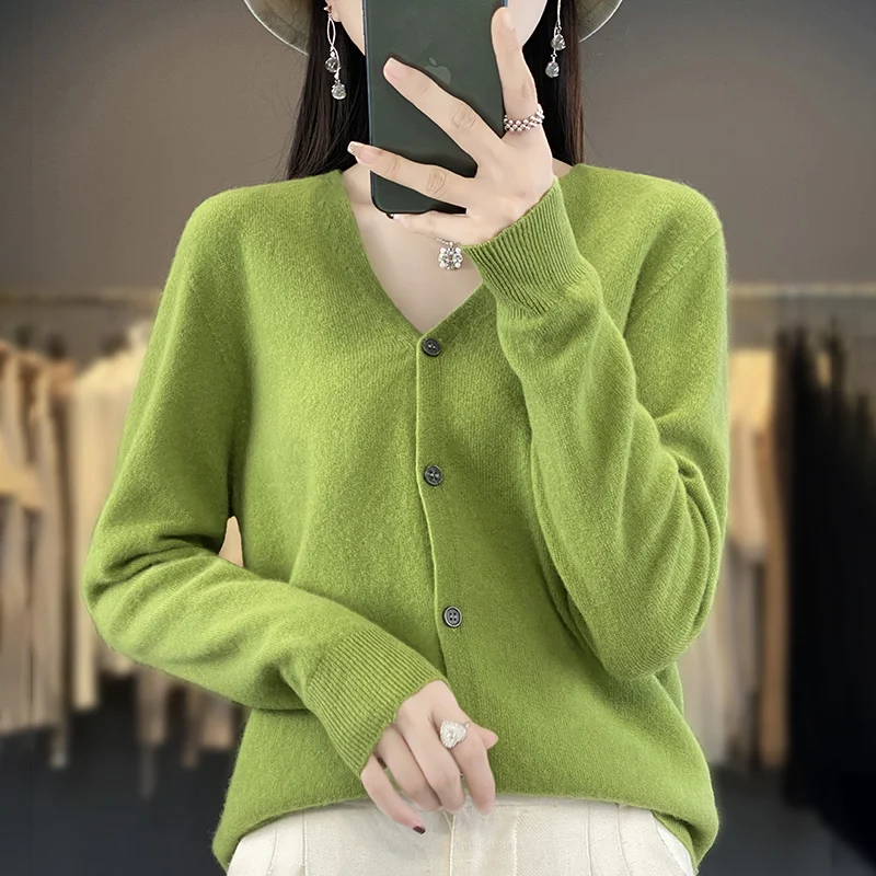 Autumn Winter Women New 100% Merino Wool Sweater V-neck Solid Knitted Cardigan Casual Thick Jacket Loose Soft Knitwear