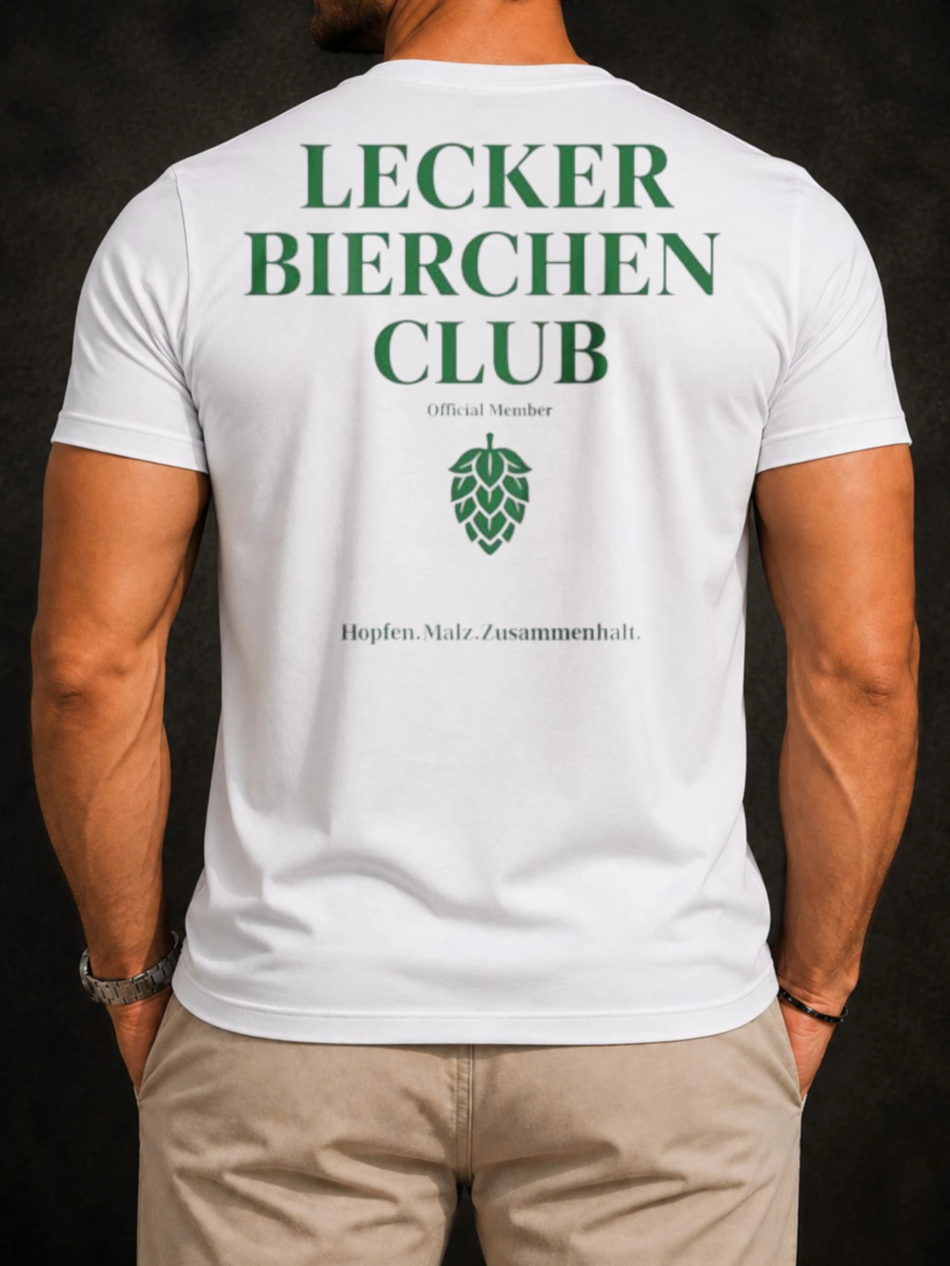 Minimal Lecker Bierchen Back Tee green club typography hop icon and Hopfen Malz Zusamhalt words  Unisex All T-Shirt