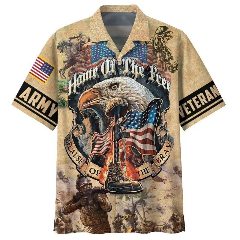 US ARMY-VETERAN 3D Beach Hawaiian 2024 Summer Men Shirt Short Sleeve Streetwear Oversized 5XL Camisa Social Chemise Homme