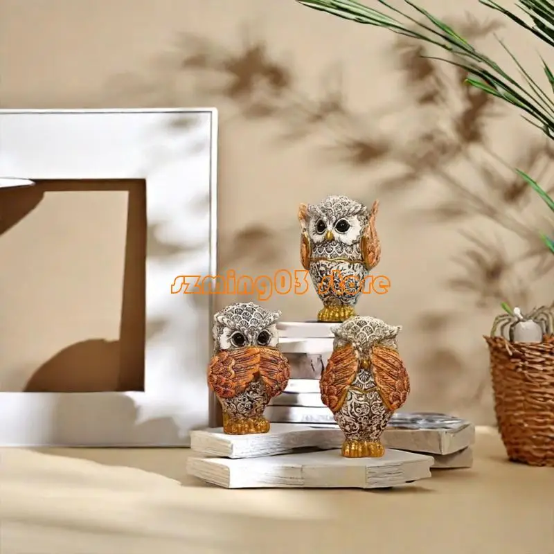 Figuras coruja H9EC 3PCS Conjunto estátuas animais fofas para sala estar e desktop do escritório