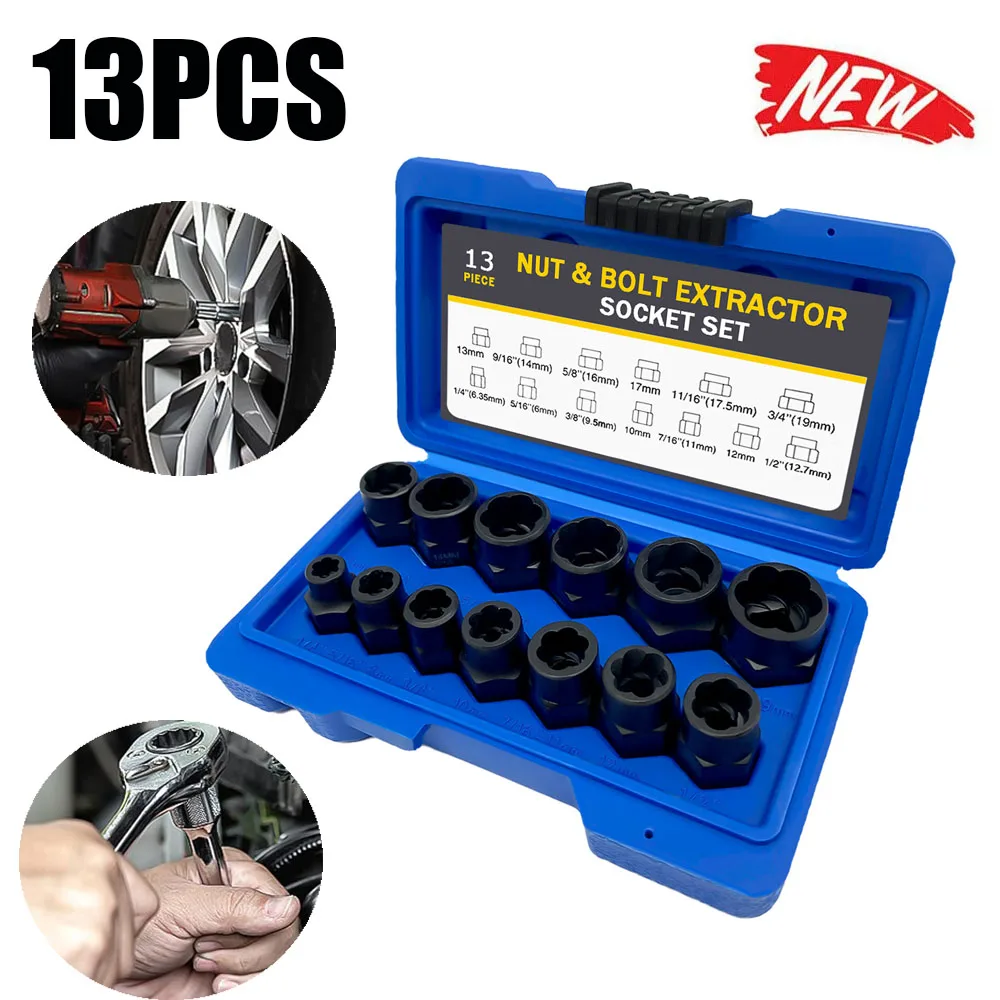13PCS Locking Wheel Nut Removal Tool Bolt Remover Stud Extractor Socket Set 3/8-Inch Wrench Socket Tool
