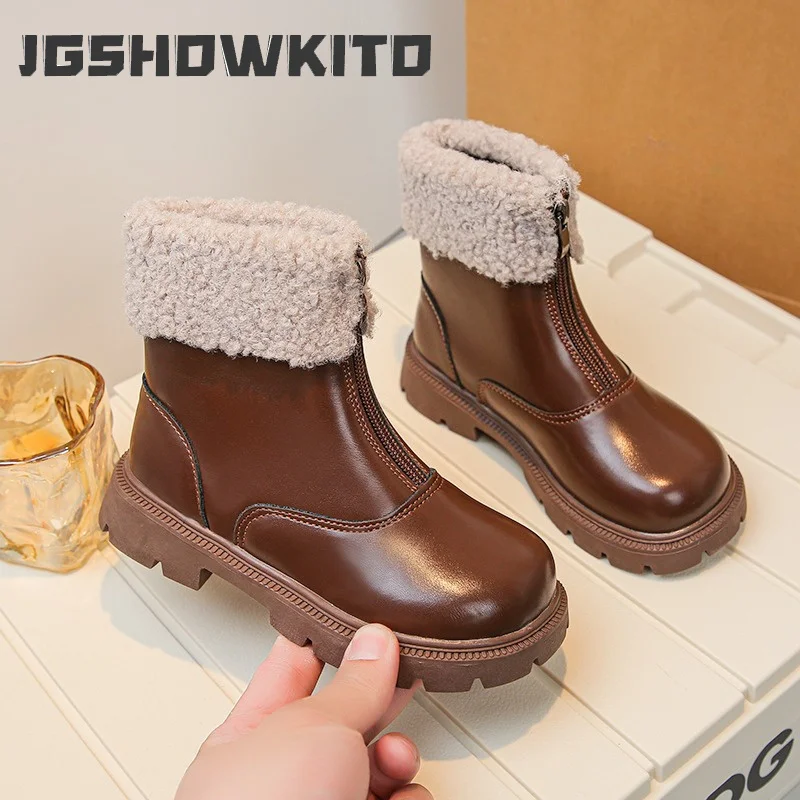 JGSHOWKITO Kids Winter Plush Boots Toddler Warm Girls Platform Ankle Boots Front Zipper Non-slip Outdoor Children Cotton Boots