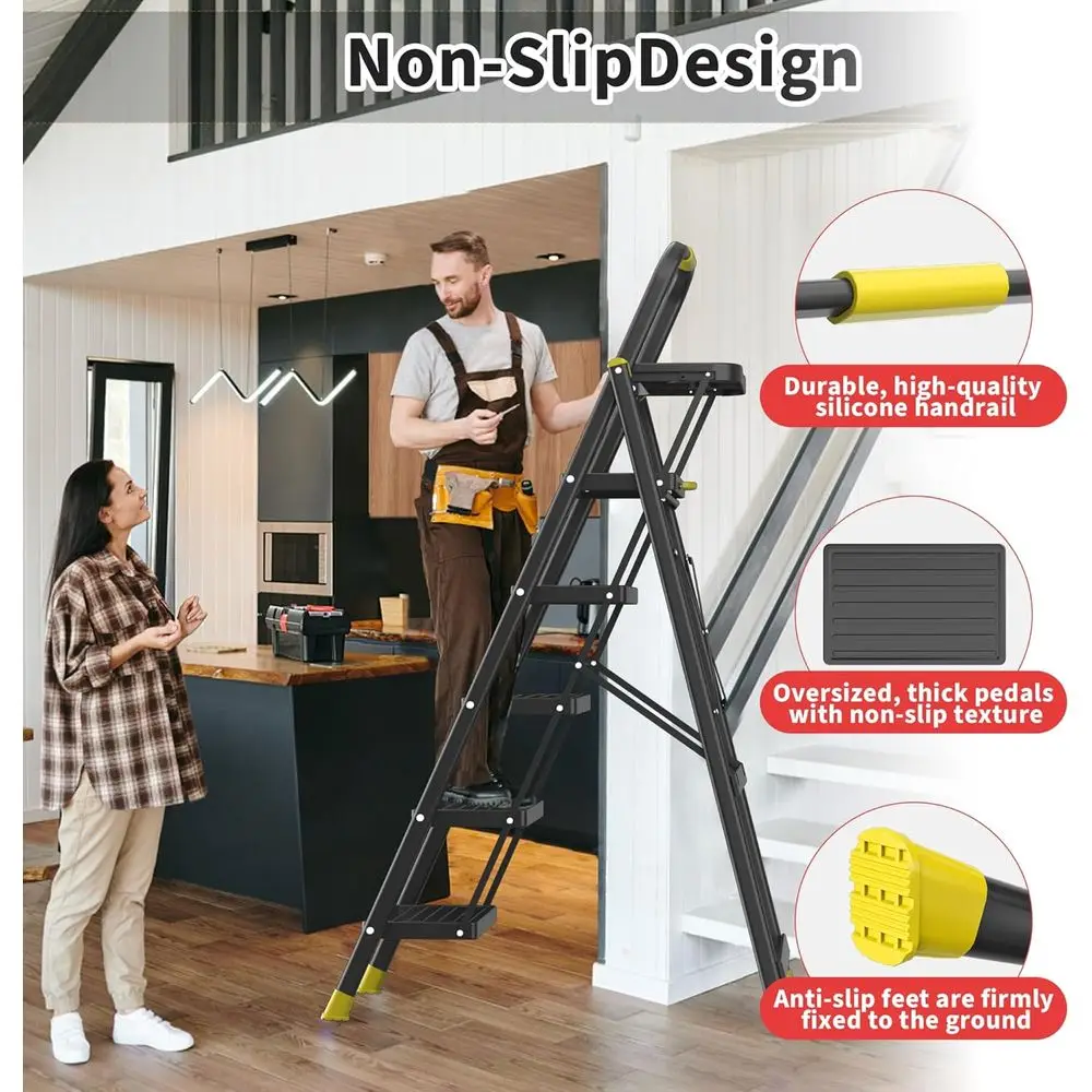 5-Step Folding Ladder with Tool Tray, Non-Slip Steps, 800lbs Capacity, Home Kitchen Use, Black & Yellow