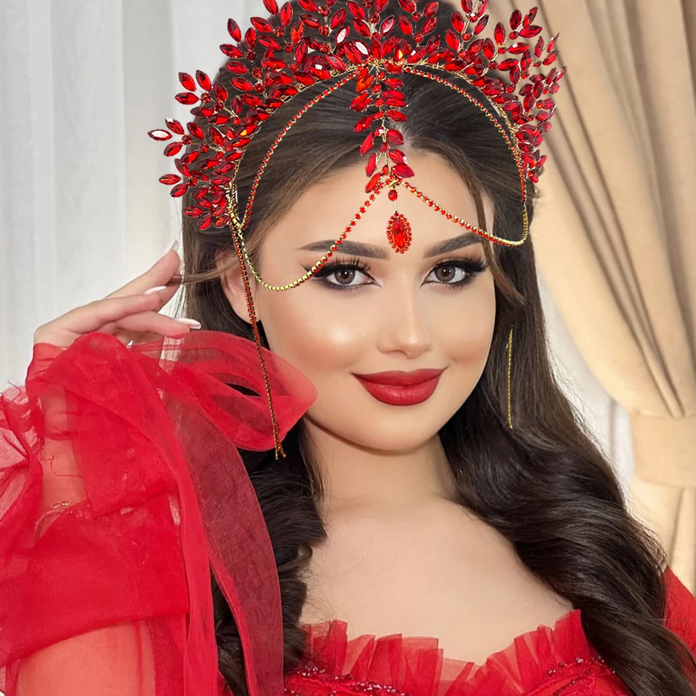 

DZ131 Red Crystal Crown for Bridal Wedding Hair Accessories Bride Headpiece Forehead Headbad for Women Pageant Headdress