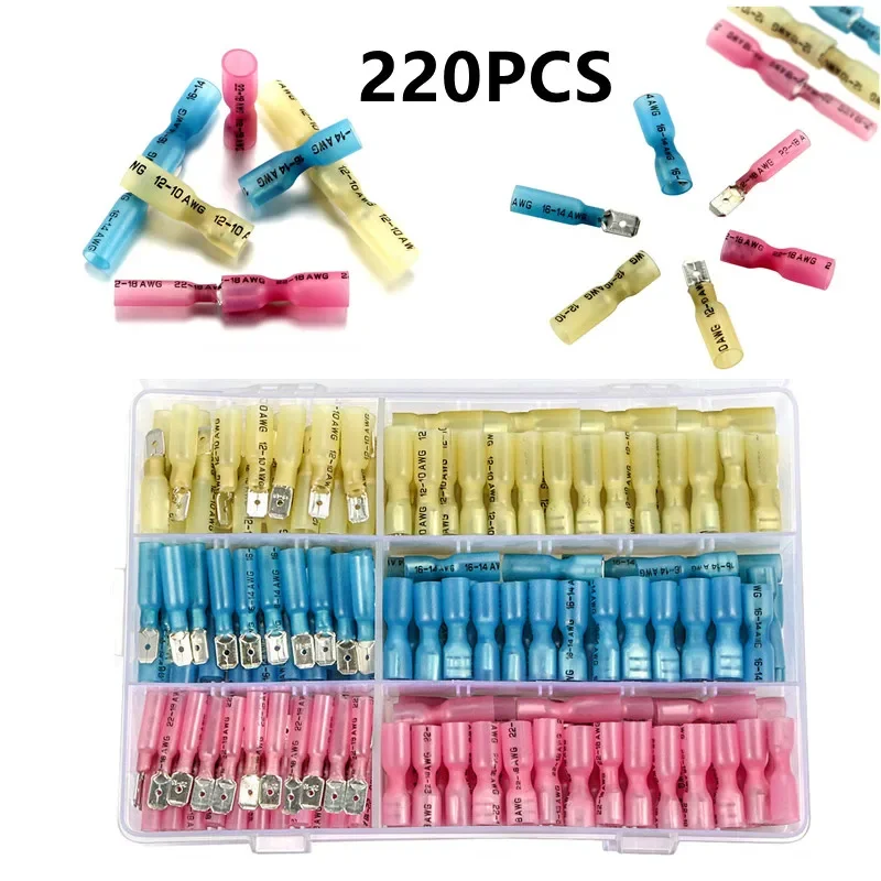 

220PCS Waterproof Insulated Butt Wire Connector Heat Shrink Crimp Terminals Kit Male Female Electrical Cable Spade Terminal