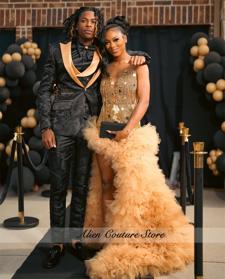 Vestidos de fiesta con diamantes dorados brillantes, vestido de fiesta Formal con volantes escalonados y cuentas de cristal, vestido de recepción de boda personalizado