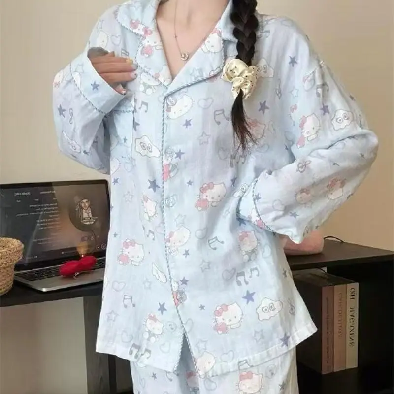 2Pcs 애니메이션 헬로 키티 여성 잠옷 봄 가을 세트 카와이 나이트 가운 만화 탑 바지 아름다운 소녀의 홈 의류 선물