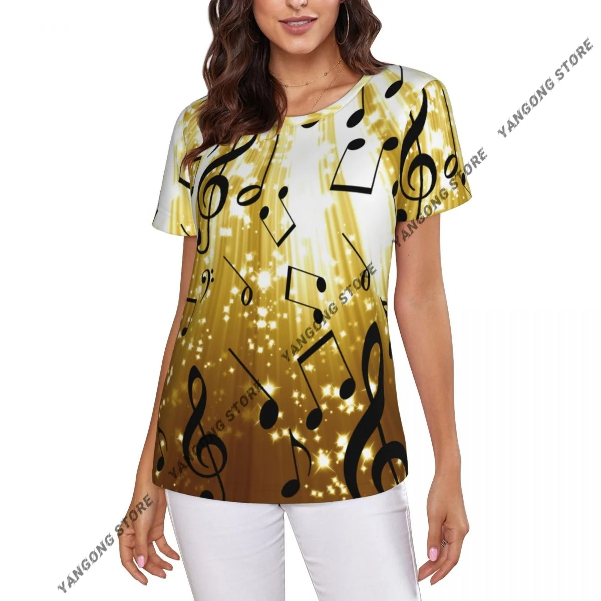 

T Shirt Women Music Notes Golden Glittering Tee Shirt Casual Round Neck Short Sleeve Streetwear Female T-Shirt