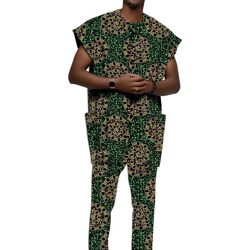 Original Design African Clothes Men\'s Set Jerkin Tops With Pant Nigerian Fashion Wax Print Custom Size Wedding Party Wear