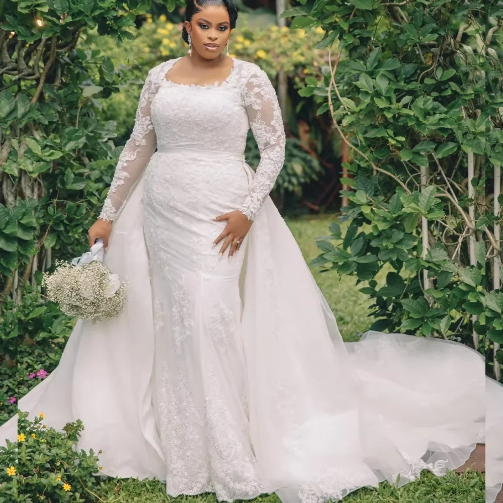Dostosowana elegancka suknia ślubna syrenka z kwadratowym dekoltem i koronkowymi aplikacjami dla panny młodej z pełnym rękawem Garden Plus Size Vestido De Noiva