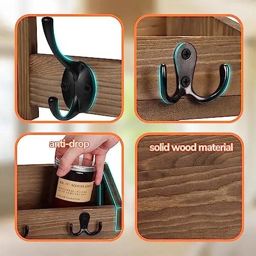 

Brown Solid Wood Wall-Mounted Entryway Shelf With 5 Double Hooks And 3 Key Hooks For Coat, Keys, Mail Storage