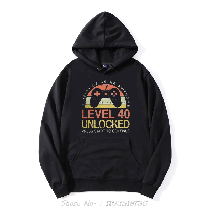 Level 40 Unlocked Funny Video Gamer 1983 40th Birthday Gift Hoodie Men Tees Dad Father Hoody Clothing Oversized Sweatshirt