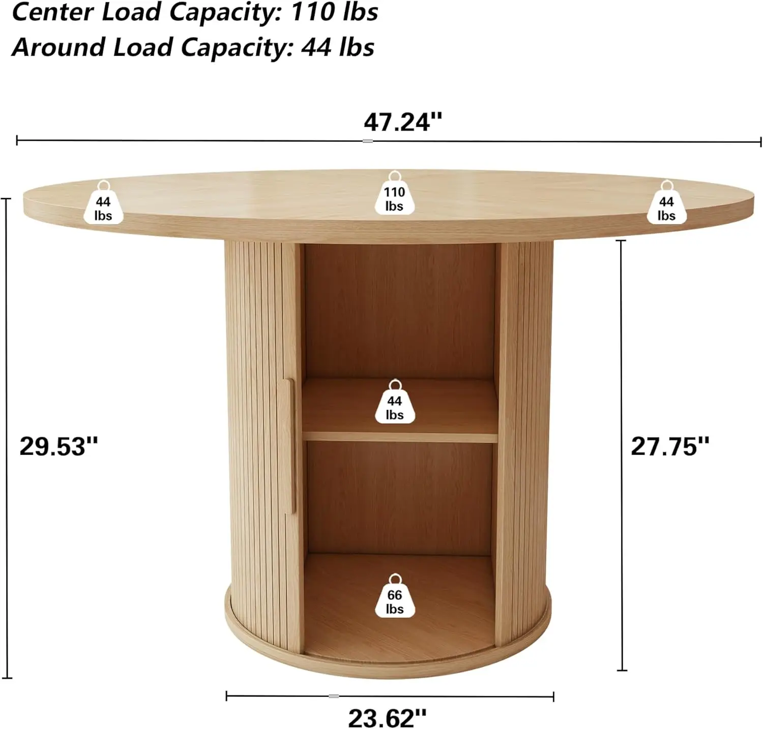 47 inch Round Dining Table for 4, Kitchen Table Dinner Table with 2-Layer Storage Shelf and Wood Slide Door for Home Dining Room