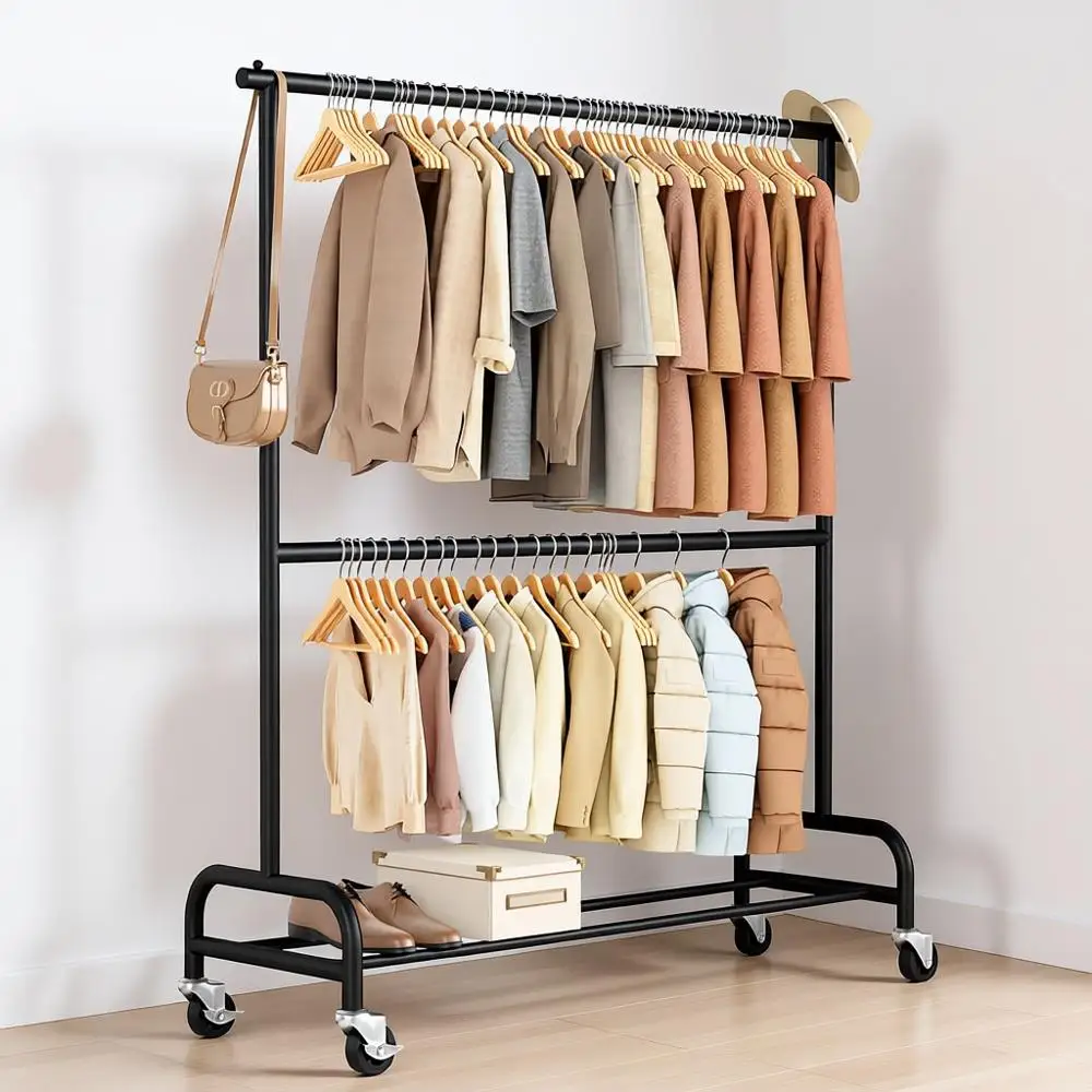 Heavy Duty Clothes Rack, Hanging Rolling Clothing Rack, Double Rod, Matte Black