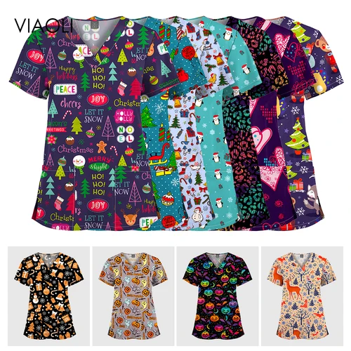 Uniforme de enfermera de manga corta con cuello en V, ropa de trabajo, blusa médica de enfermería, Tops estampados de Navidad, uniformes de enfermería, camiseta Unisex