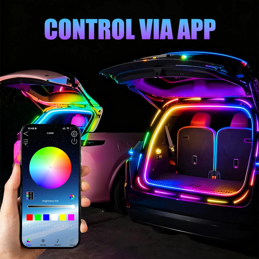 RGB Farbige Auto-Kofferraum-LED-Lichtleiste 4M LED Flexibler Wasserdichter Atmosphären-Lichtstreifen mit APP-Steuerung 64 Farben
