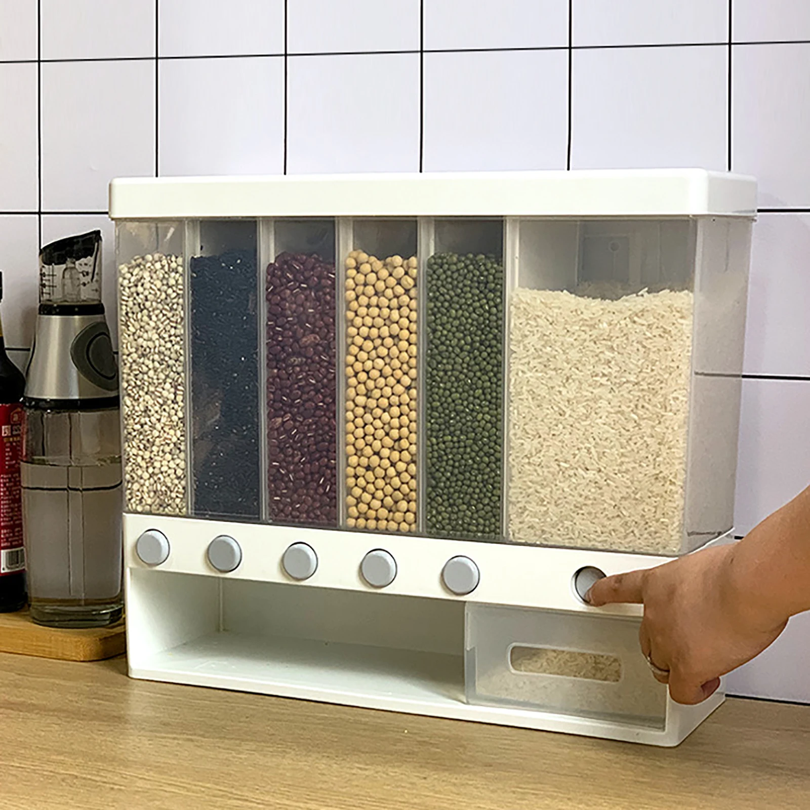 High Quality 6 in1 Kitchen Wall Mounted Cereal Dispenser Dry Food New Container Storage