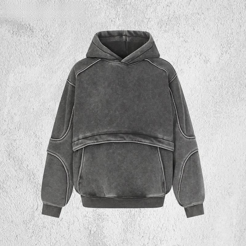 

Front Pocket Spliced Hooded Sweatshirts Mens Autumn Winter Fleece Retro High Street Washed Distressed Long Sleeve Hoodies Man