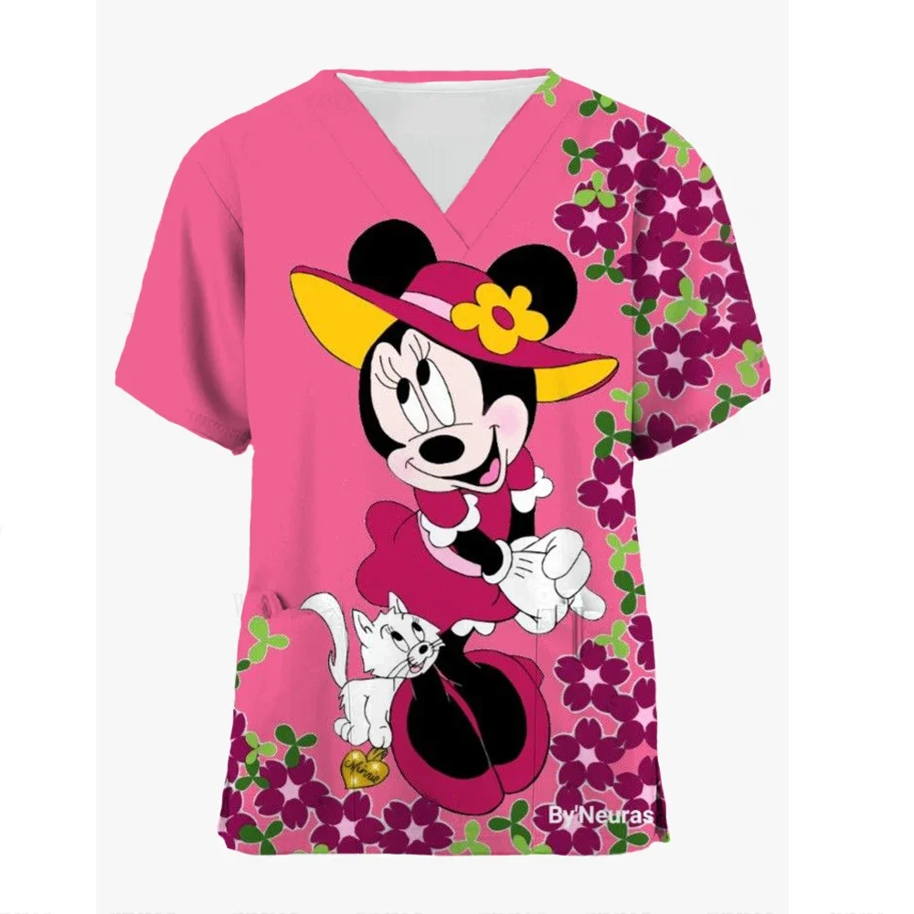 Miniso Women Scrub Nurse Disney Mickey Mouse Cartoon V-Neck Tops Working T-Shirt Minnie Print Healthcare Tunic Carers Workwear