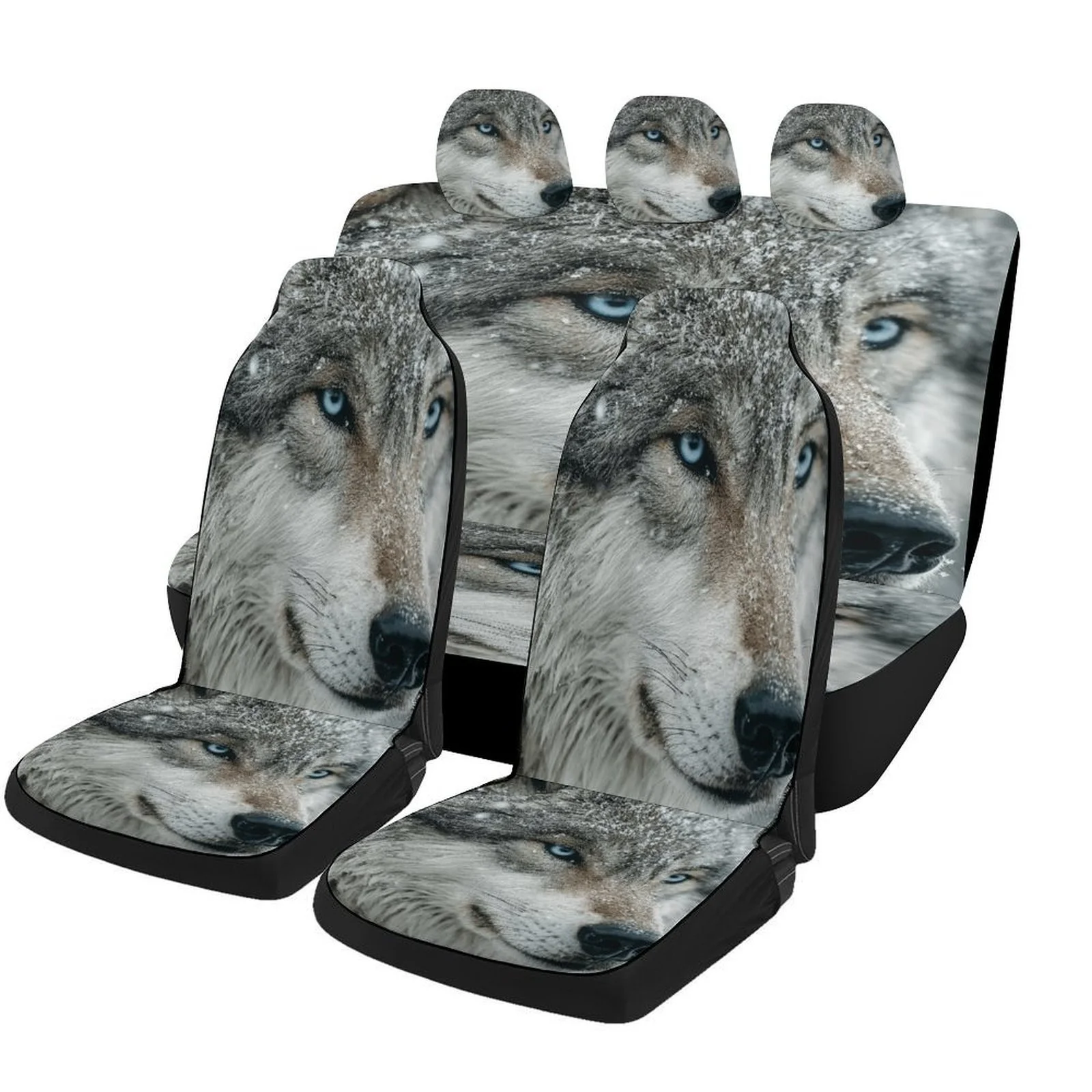 Wolf Winter Portrait Designed Car Seat Cover Set For Most Cars, Trendy Novelty High-quality Car Seat Protector Covers Full Set,