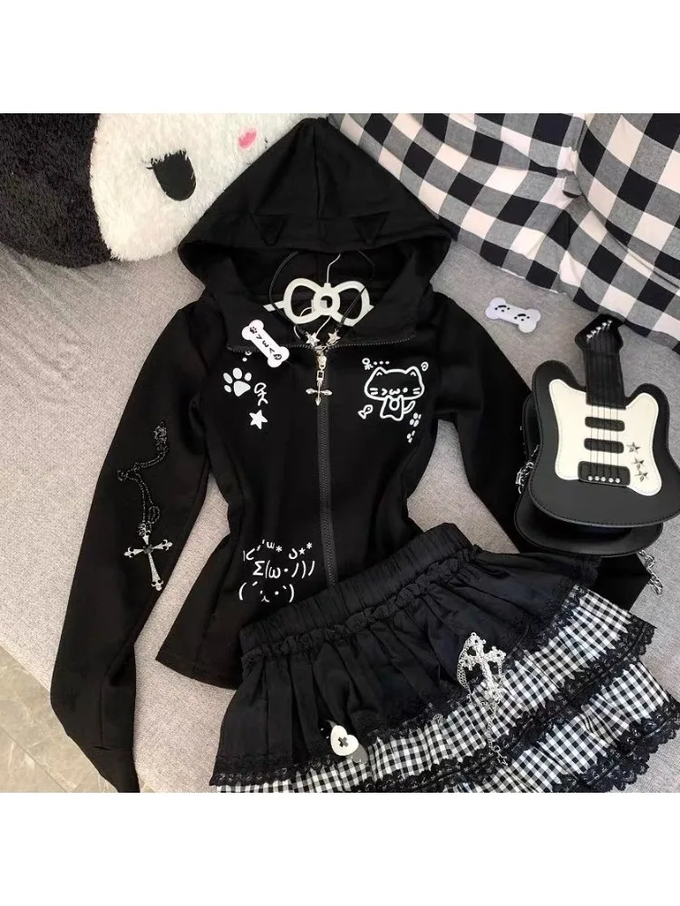 HOUZHOU Gray Cartoon Print Kawaii Women Hoodies Cutecore Japanese Style Long Sleeve Zipper Sweatshirt Slim Cat Ear Preppy Autumn