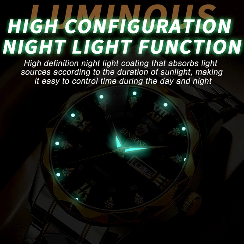 BINBOND Top Brand Luxury Fashion Quartz Watch Men Waterproof Week Date Clock Stainless Steel Sport Watch Men Quartz Wristwatch