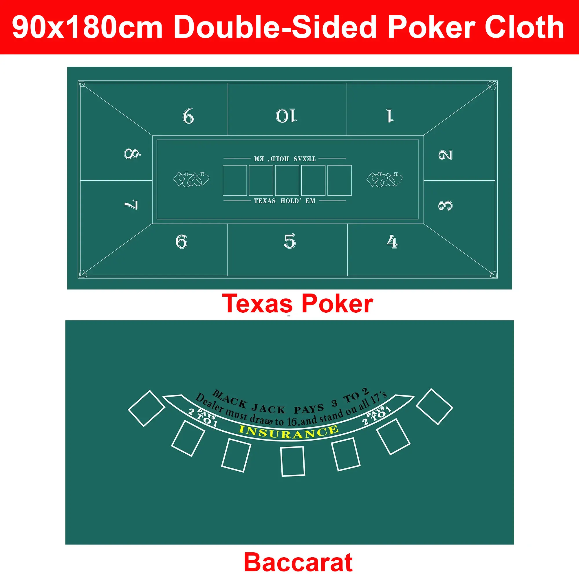 90x180cm Double-Sided Poker Table Cloth Non-Woven Poker Table Mat Texas Hold 'em Baccarat Roulette Casino Entertainment