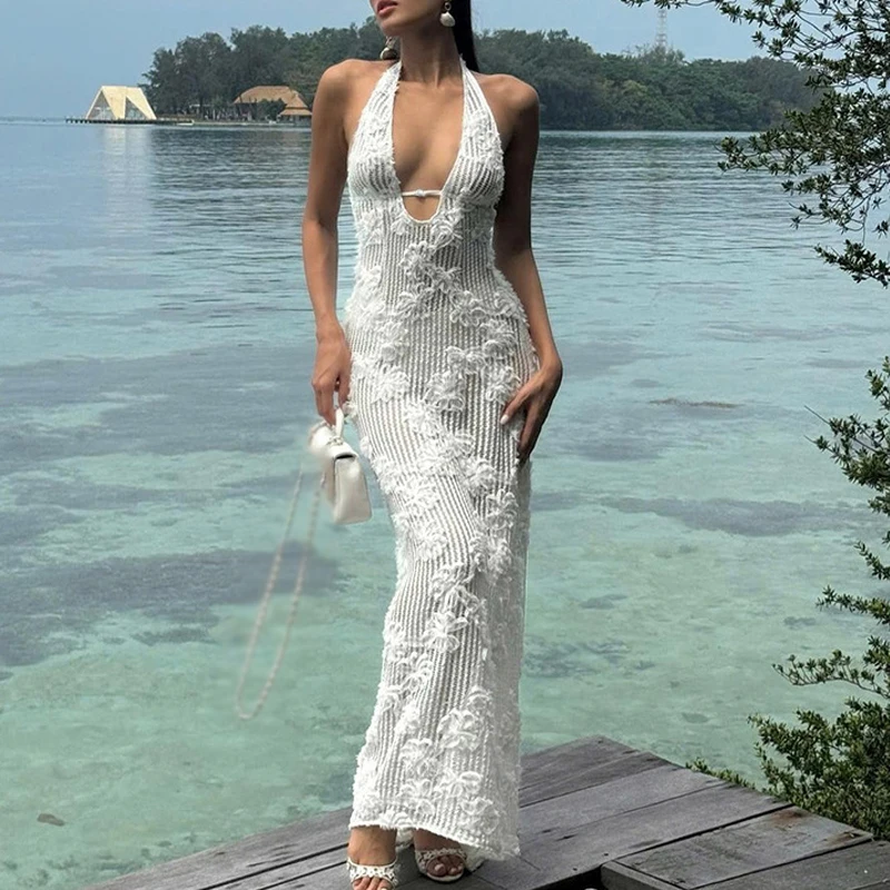 Novo sexy halter baixo corte jacquard vestidos longos moda verão sem costas de malha vestido feminino férias praia sólido bikini cobrir