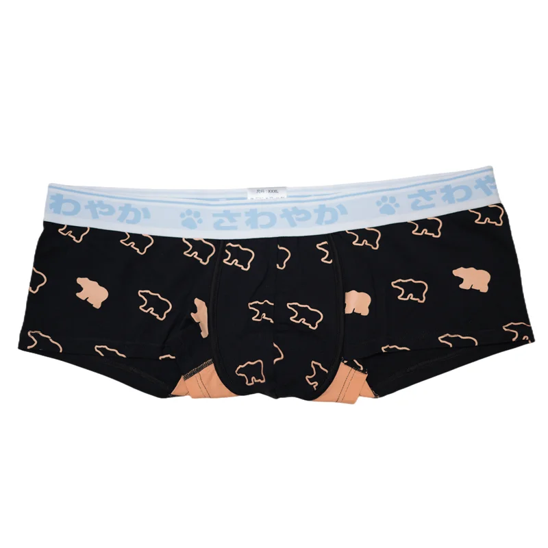 Cute Bear Print Elasticity Cotton Boxers, Plus Size Men\'s Letter Underpants, Gay Bear Cuecas Underwear White/Black L XL XXL XXXL