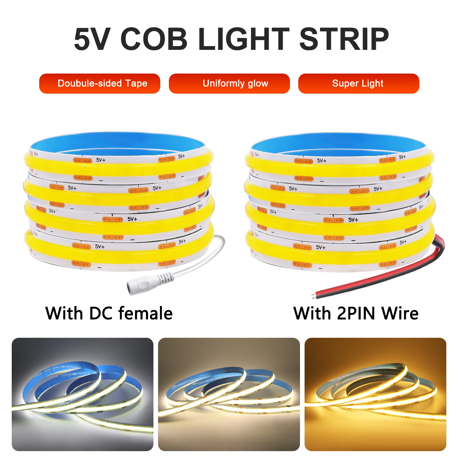 5V COB LED Strip Light 320LEDs/M Touch Sensor Dimmable USB Flexible LED Ribbon Adhesive Tape DIY Mirror TV Backlight Night Light